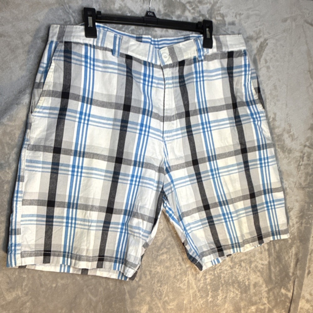Sideout Men's Plaid 38 Bermuda Shorts Cotton Button Pockets‎ Blue White Black